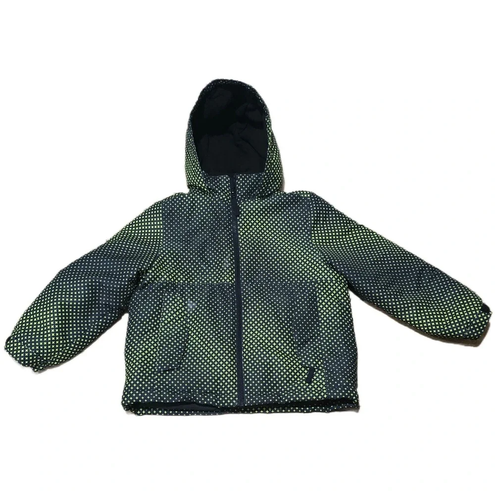 Roebuck & Co Kids Puffer‎ Jacket Neon Green Black Geometric Zip Hooded Coat Sz 7